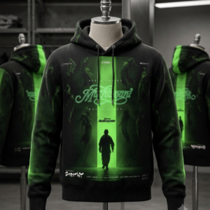 Troublehood Graphic Hoodie. Cinematic darkness wrapped in neon green energy.